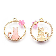 Alloy Pendants, with Enamel and Resin, Round Ring with Cat Shape and Ring, Golden, Pink, 24.5x22x3mm, Hole: 1.5mm(X-ENAM-S120-003A)