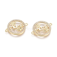 Brass Micro Pave Clear Cubic Zirconia Links connectors, Flat Round with Butterfly & Word MaMa, for Mother's Day, Golden, 16x20.5x2.5mm, Hole: 1.4mm(ZIRC-G152-16G)