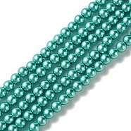 Grade A Glass Pearl Beads, Pearlized, Round, Dark Turquoise, 4mm, Hole: 0.7~1.1mm, about 100pcs/Strand, 16''(40.64cm)(HY-J001-4mm-HX052)
