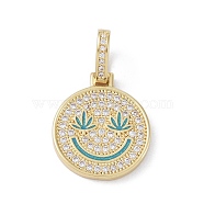 Brass Micro Pave Cubic Zirconia Pendants, Enamel Style, Cadmium Free & Lead Free, Flat Round with Smiling Face, Golden, Medium Turquoise, 21x18x2mm, Hole: 7x4mm(ZIRC-NH0001-01G-05)