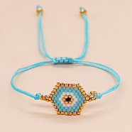 Hexagon with Evil Eye Glass Seed Braided Bead Bracelet for Women, Dark Turquoise, 11 inch(28cm)(PW23030466306)