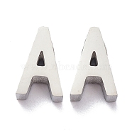 304 Stainless Steel Charms, Alphabet, Stainless Steel Color, Letter.A, 8x5x3mm, Hole: 1.8mm(STAS-K216-41A-P)