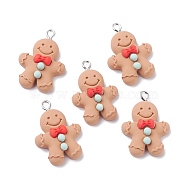 Opaque Resin Pendants, with Platinum Tone Iron Loops, Christmas Theme, Gingerbread Man, BurlyWood, 28x9.5x7mm, Hole: 2mm(RESI-F030-11)
