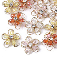 Handmade Wire Wrapped Pendants, with Faceted Glass Beads, Crystal Rhinestone and Light Gold Plated Brass Wire, Flower, Mixed Color, 19~21x19~21x8~9mm(FIND-N050-03)