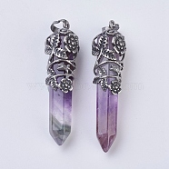 Natural Amethyst Pointed Pendants, with Antique Silver Plated Brass Findings, Faceted, Bullet, Flower, 58~61x15~17mm, Hole: 5x7mm(G-F529-B06)