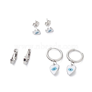 3 Pairs 3 Style Enamel Heart with Evil Eye Dangle Hoop Earrings, 304 Stainless Steel Stud Earrings for Women, Stainless Steel Color, 7~26mm, Pin: 1mm, 1 Pair/style(EJEW-B020-22P)