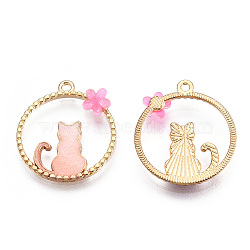 Alloy Pendants, with Enamel and Resin, Round Ring with Cat Shape and Ring, Golden, Pink, 24.5x22x3mm, Hole: 1.5mm(X-ENAM-S120-003A)