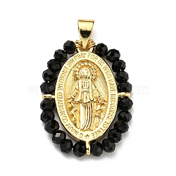 Brass with Glass Pendants, Cadmium Free & Lead Free, Real 18K Gold Plated, Oval with Virgin Mary Pattern, Black, 25~26x19~19.5x3~3.5mm, Hole: 3x3.5mm(KK-G472-04G-03)