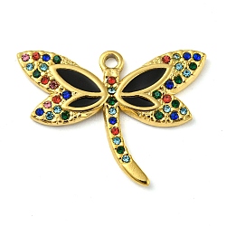 Ion Plating(IP) Real 18K Gold Plated 304 Stainless Steel Rhinestone Pendants, with Enamel, Dragonfly Charms, Black, 21x27.5x2mm, Hole: 1.7mm(STAS-P341-04G-03)