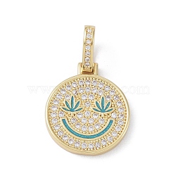 Brass Micro Pave Cubic Zirconia Pendants, Enamel Style, Cadmium Free & Lead Free, Flat Round with Smiling Face, Golden, Medium Turquoise, 21x18x2mm, Hole: 7x4mm(ZIRC-NH0001-01G-05)