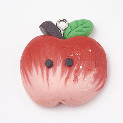 Handmade Polymer Clay Pendants, with Iron Findings, Apple, Platinum, Red, 28x27x11mm, Hole: 2mm(CLAY-T012-04)