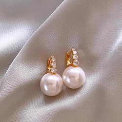 Alloy Rhinestone Hoop Earrings, White Plastic Pearl Beads Earrings with 925 Sterling Silver Pins, Golden, 50x50mm(WG46953-48)