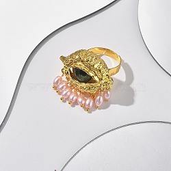 Evil Eye Alloy Adjustable Rings, Plastic Imitation Pearl Statement Rings for Women, Golden, US Size 8 1/2(18.5mm)(RJEW-A057-02G)