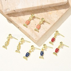 Fish Brass Micro Pave Cubic Zirconia Dangle Stud Earrings for Women, with Enamel, Rack Plating, Long-Lasting Plated, Lead Free & Cadmium Free, Real 18K Gold Plated, 25.5x7mm(EJEW-A167-06G)