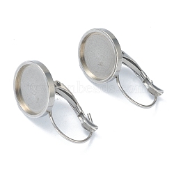 Tarnish Resistant 304 Stainless Steel Leverback Earring Findings, with Flat Round Trays Setting for Cabochon, Stainless Steel Color, Tray: 12mm, 24x14x17mm, Pin: 0.8mm(KK-H152-09D-P)