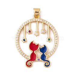 Brass Micro Pave Cubic Zirconia Pendants, with Enamel, Real 18K Gold Plated, Couple Cat Charms, Red, 32x25x2mm, Hole: 5x3mm(KK-E108-23G-01)