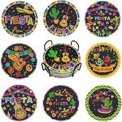DIY Cinco de Mayo Carnival Theme Diamond Painting Wood Cup Mat Kits, Including Coster Holder, Resin Rhinestones, Diamond Sticky Pen, Tray Plate and Glue Clay, Mixed Color, Packaging: 130x126x80mm(DIY-H163-08)