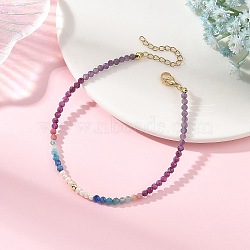 Natural Pearl Potato & Faceted Round Natural Ruby & Apatite & Kyanite & Rhodonite & Amethyst Beaded Anklets, Golden, 9-1/4 inch(235mm)(AJEW-AN00838)