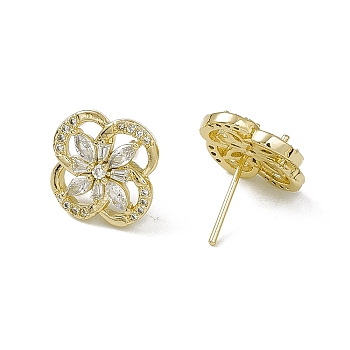Clear Cubic Zirconia Flower Stud Earrings, Real 18K Gold Plated Brass Jewelry for Women, Lead Free & Cadmium Free, Real 18K Gold Plated, 14x14mm, Pin: 0.7mm