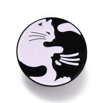 Flat Round with Cat Pattern Enamel Pin, Animal Alloy Enamel Brooch for Backpack Clothes, Electrophoresis Black, White, 29.5x10mm, Pin: 1mm.