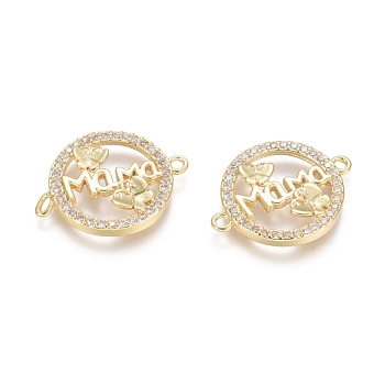 Brass Micro Pave Clear Cubic Zirconia Links connectors, Flat Round with Butterfly & Word MaMa, for Mother's Day, Golden, 16x20.5x2.5mm, Hole: 1.4mm