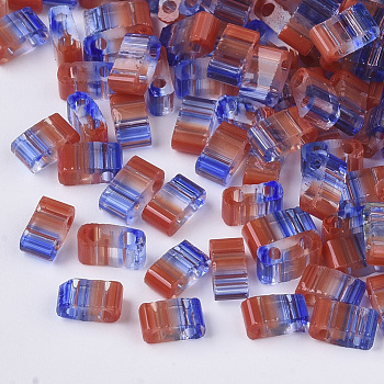 2-Hole Glass Seed Beads, Striped Seed Beads, Transparent Colours, Two Tone, Rectangle, Blue, 4.5~5.5x2x2~2.5mm, Hole: 0.5~0.8mm
