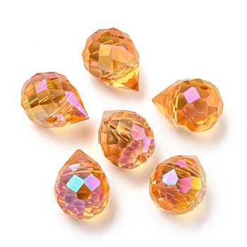 Electroplated Glass Beads, Faceted, Teardrop Charms, Top Drilled, Orange, 11x8mm, Hole: 1.2mm