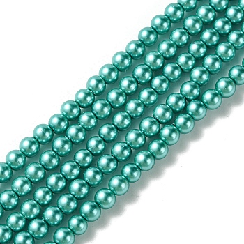 Grade A Glass Pearl Beads, Pearlized, Round, Dark Turquoise, 4mm, Hole: 0.7~1.1mm, about 100pcs/Strand, 16''(40.64cm)