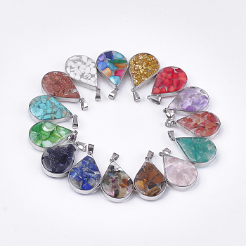 Natural & Synthetic Mixed Stone/Shell Pendants, with Glass and 304 Stainless Steel Findings, teardrop, Stainless Steel Color, 26.5~27x17~17.5x6.5~7mm, Hole: 3x5.5mm