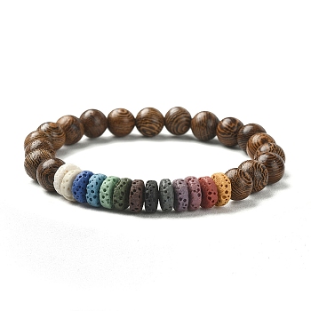 Dyed Natural Lava Rock Rondelle & Wooden Round Beaded Stretch Bracelet, Colorful, Inner Diameter: 2-1/8 inch(5.3cm)