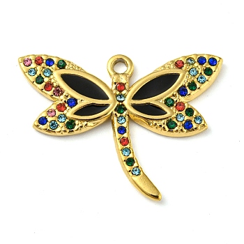 Ion Plating(IP) Real 18K Gold Plated 304 Stainless Steel Rhinestone Pendants, with Enamel, Dragonfly Charms, Black, 21x27.5x2mm, Hole: 1.7mm