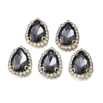 Sew on Rhinestone, Transparent Glass Rhinestone, with Brass Prong Settings, Faceted, Teardrop, Gray, 23x17.5x6.5mm, Hole: 0.9mm