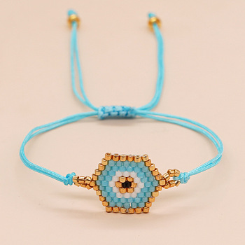 Hexagon with Evil Eye Glass Seed Braided Bead Bracelet for Women, Dark Turquoise, 11 inch(28cm)