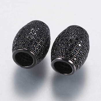 Brass Micro Pave Cubic Zirconia Beads, Oval, Black, Gunmetal, 12.5x10mm, Hole: 5mm