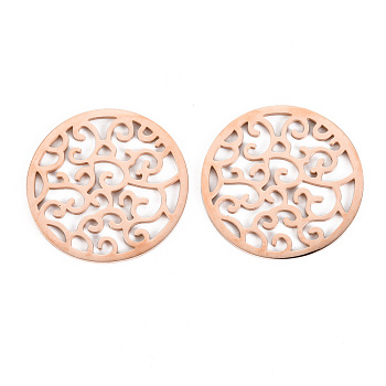 304 Stainless Steel Filigree Joiners Links, Laser Cut, Flat Round, Rose Gold, 25x1mm