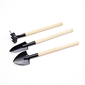 Iron Shovels, with Wooden Handle, Garden Seeder Tool, Black, 17.6~21.3x2.6~4x1~2.4cm, 3pcs/set