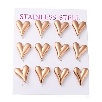 PVD Vacuum Plating 304 Stainless Steel Stud Earring, Heart, Rose Gold, 14x12mm, 12pcs/set