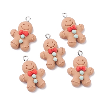 Opaque Resin Pendants, with Platinum Tone Iron Loops, Christmas Theme, Gingerbread Man, BurlyWood, 28x9.5x7mm, Hole: 2mm