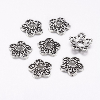 Tibetan Style Alloy Bead Caps, Lead Free and Cadmium Free, Antique Silver, 10.7x11x2.5mm, Hole: 3mm