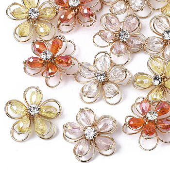 Handmade Wire Wrapped Pendants, with Faceted Glass Beads, Crystal Rhinestone and Light Gold Plated Brass Wire, Flower, Mixed Color, 19~21x19~21x8~9mm