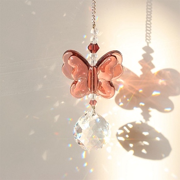 Glass Pendant Decorations,  for Home Bedroom Hanging Decorations, Butterfly, Indian Red, 300x35mm