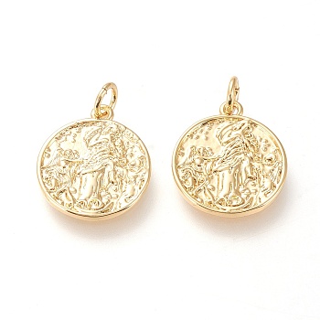 Brass Pendants, with Jump Rings, Long-Lasting Plated, Flat Round with Angel, Real 18K Gold Plated, 17.5x15.5x1.8mm, Hole: 3mm