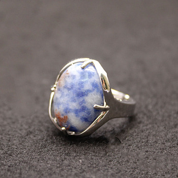 Oval Natural Blue Spot Jasper Adjustable Ring, Platinum Alloy Jewelry for Women, Inner Diameter: 18mm