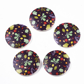 Printed Wood Pendants, Flat Round with Floral Pattern, Coconut Brown, 50x5mm, Hole: 1.6mm