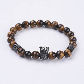 Natural Tiger Eye Stretch Bracelets, with Brass Cubic Zirconia Beads, Crown & Hexagon, Gunmetal, 2-1/4 inch(56mm)