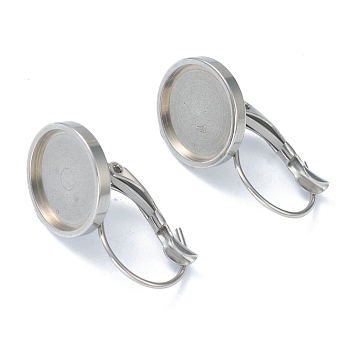 304 Stainless Steel Leverback Earring Findings, with Flat Round Trays Setting for Cabochon, Stainless Steel Color, Tray: 12mm, 24x14x17mm, Pin: 0.8mm