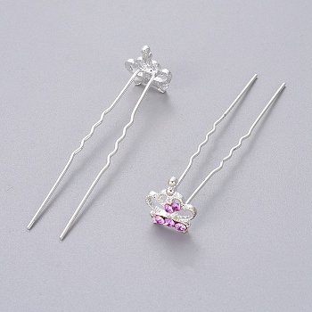 (Defective Closeout Sale) Lady's Hair Accessories Silver Color Plated Iron Rhinestone Hair Forks, Crown, Amethyst, 68mm