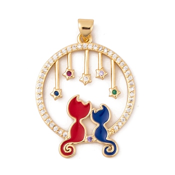 Brass Micro Pave Cubic Zirconia Pendants, with Enamel, Real 18K Gold Plated, Couple Cat Charms, Red, 32x25x2mm, Hole: 5x3mm