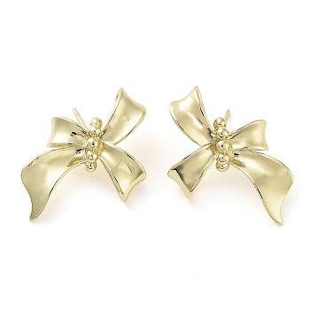 Brass Studs Earrings, Long-Lasting Plated, Lead Free & Cadmium Free, Bowknot, Real 18K Gold Plated, 21x23mm
