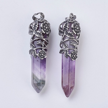 Natural Amethyst Pointed Pendants, with Antique Silver Plated Brass Findings, Faceted, Bullet, Flower, 58~61x15~17mm, Hole: 5x7mm